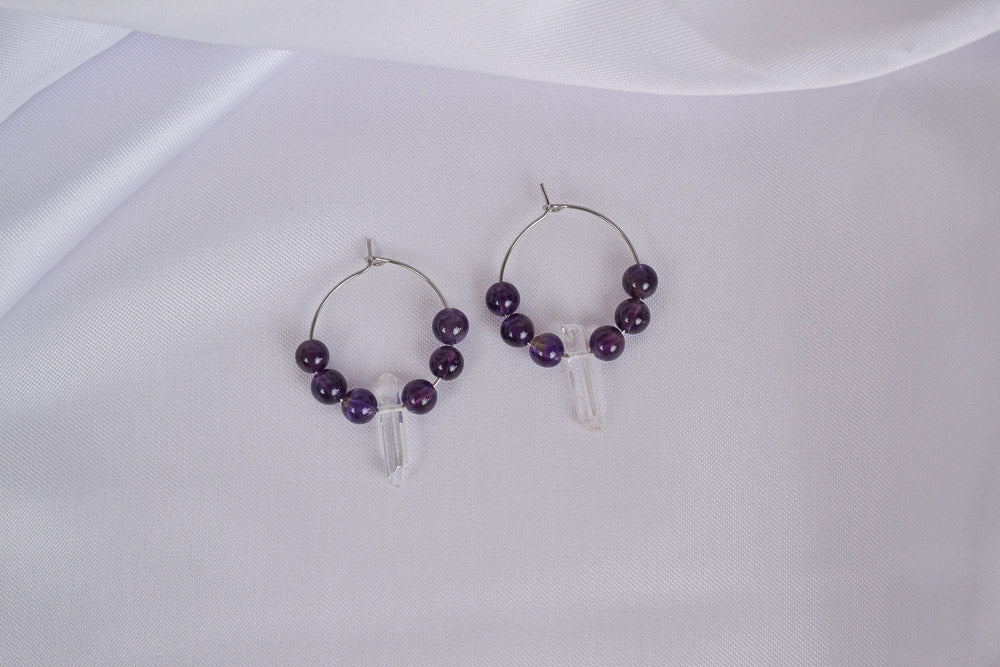 Silber Creolen mit Amethyst und Bergkristall Perlen