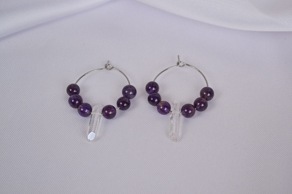 Silber Creolen mit Amethyst und Bergkristall