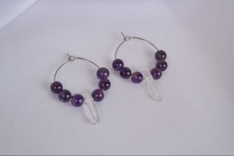 Silber Creolen mit Amethyst und Bergkristall